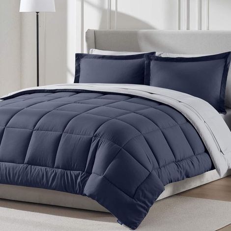 Parure de lit 7 pièces pour Grand lit – Couette réversible Bleu Marine pour Toutes Les Saisons – Parure de lit avec Drap Plat et Drap-Housse, taies d'oreiller et Couvre-oreillers (1/5)