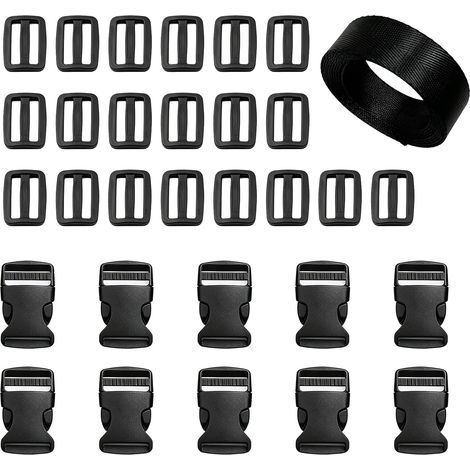 Lot de sangle en Nylon 2 m avec 10Pcs Boucles en Plastiques, 20Pcs Boucle Plastique Clip Fermoir pour Courroie, Attache Courroie et Boucle Sac à Dos, Bride Sac, Attache Rapide pour DIY, Colliers. (1/5)