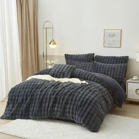 Parure de lit d'hiver en peluche 155x220 cm Gris - Chaud, douillet et moelleux - Housse de couette en polaire réversible avec fermeture éclair et 2 taies d'oreiller 80x80 cm (1/5)