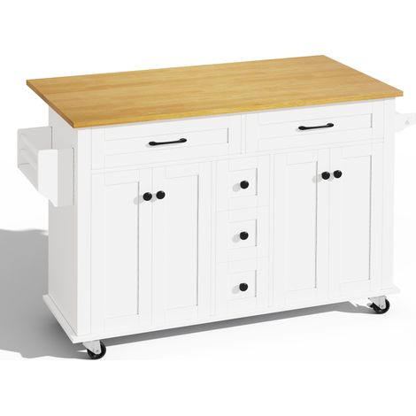 Mobile Kücheninsel aus MDF in Weiß/Natur mit ausziehbarer Arbeitsplatte, 140 cm (1/5)