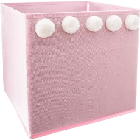 Atmosphera – Bac de rangement pliable 29x29x29 cm – Papier et polypropylène – Couleur rose avec 5 pompons décoratifs – Pour jouets et livres (1/4)