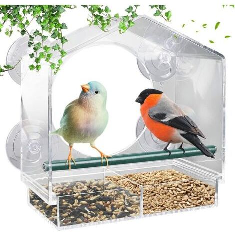 Mangeoire pour oiseaux d'extérieur, mangeoire pour oiseaux à fenêtre suspendue transparente, mangeoire pour oiseaux sauvages avec 4 ventouses fortes, barre d'atterrissage, trous de drainage, 1 pièce (1/5)