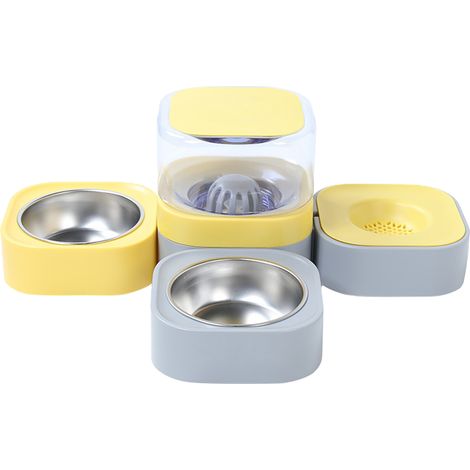 Distributeur automatique d'eau pour chiens et chats, nourriture en acier inoxydable PP avec 2 bols jaunes et gris (1/5)