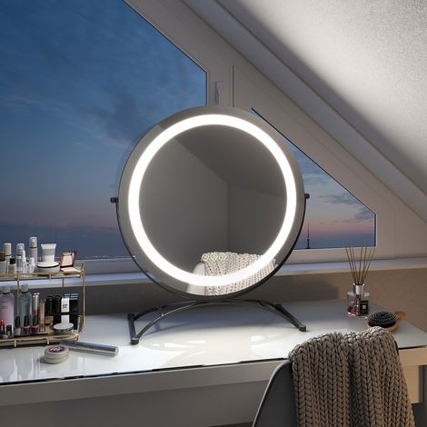 EMKE LED Hollywood Vanity Mirror, Round 360° Rotation Makeup Mirror Touch Screen Cosmetic Mirror with Dimmable, Adjustable Brightness and Memory Function, Illuminated Hollywood Mirror (Φ500mm, Black) (1/5)