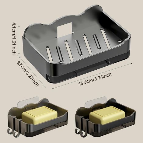 Set mit 2 selbstklebenden, wandmontierten Seifenhaltern mit Abflussfunktion, erhältlich in Schwarz und Grau.