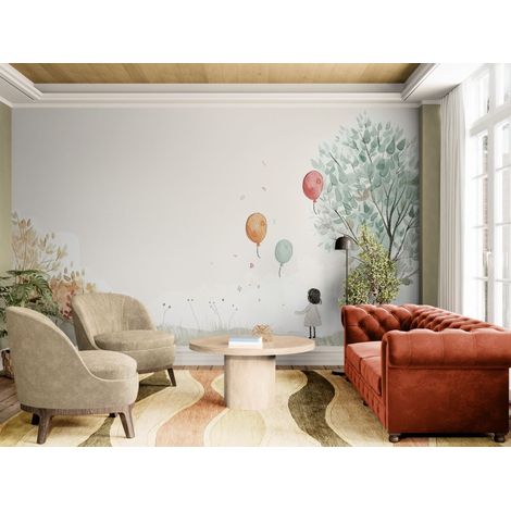 Papier peint Enfant – Dessin fillette et ballons volants - 500 x 270 cm (1/2)