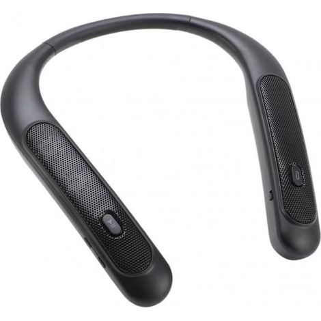 Enceinte Bluetooth portable noire en néoprène, tour de cou, étanche IPX4, avec son surround stéréo, idéale pour les jeux et la musiq