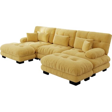 CAIziLuxueux canapé d'angle modulaire - grand canapé nuage en U pour salon, canapé-lit convertible à assise profonde avec ottomane, jaune (1/5)