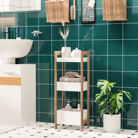 Étagère de salle 27,5x20,8x74 cm Blanc naturelle de bain avec 3 étagères Organisateur de rangement en bambou pour cuisine Salon Buanderie et