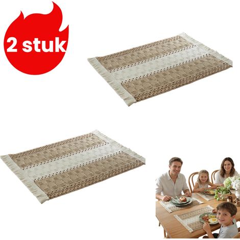 Ensemble 2 pièces : - Set de table en coton et lin à motif corde - Set de couverts festif - Set tissé à motif virgule avec blocs de couleur, rayures et pompons - Blanc (1/5)