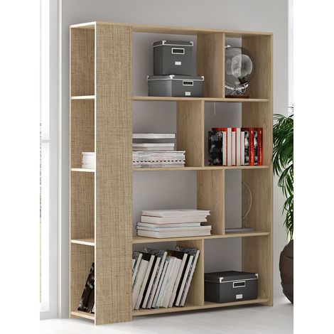 Pegane – Bibliothèque chêne cambrian effet textile – 8 étagères – Dimensions 129x32.8x174 cm – Panneau de particule mélaminé