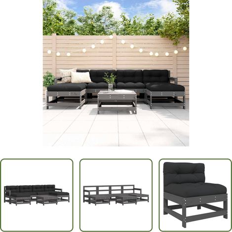 vidaXL Gartenstuhl - 7-tlg. Garten-Lounge-Set mit Kissen Grau Massivholz (1/5)
