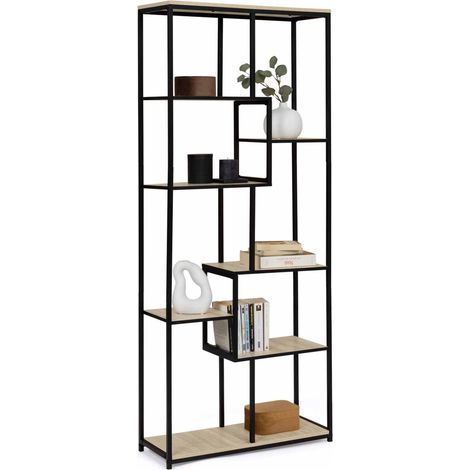 Idmarket – Bibliothèque asymétrique 8 niveaux 161 cm – Métal et particules de bois – Design industriel – Rangement élégant pour livres et objets