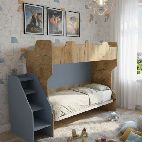 Letto a castello salvaspazio con terzo letto estraibile e scala laterale - Ideale per camerette - Quercia e Avio