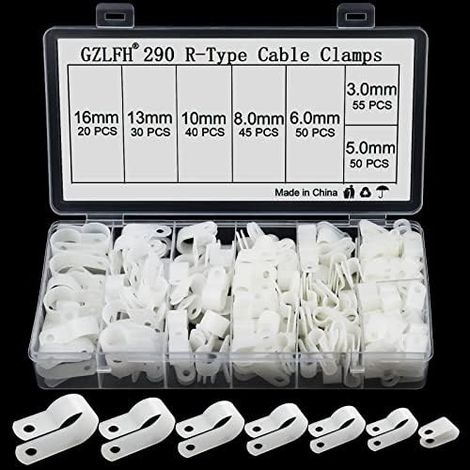 290Pcs Clips Câble de Type R, Pince Rangement de Câble Nylon Gestion pour Fixation Cable Electrique dans une Ø 3/5/6/8/10/13/16mm (1/5)