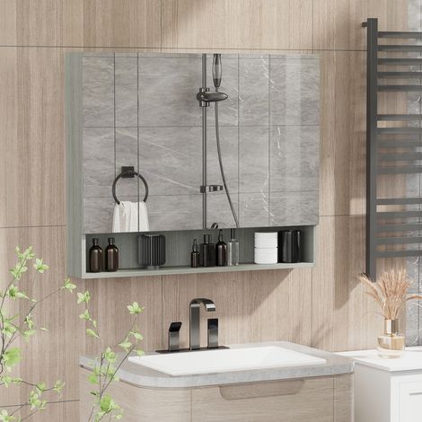 Armoire murale salle de bain avec miroir, armoire de toilette 3 portes miroir, étagères réglables, gris, 90x15x75cm