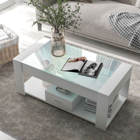 Table basse blanche avec plateau en verre, casiers et rangements, 100 x 50 x 40 cm (1/5)