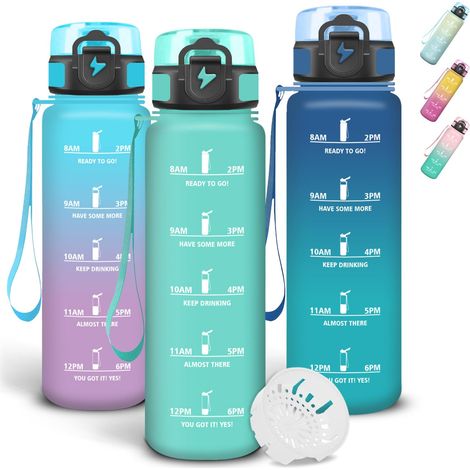 Gourde 1l, Anti Fuite Gourde Sport, Gourdes Graduée pour 1 Journee, Avec Marqueur de Temps, Verrou de Sécurité, Bouteille Motivationnelle avec Filtre pour Bureau, Yoga, Fitness (1/5)
