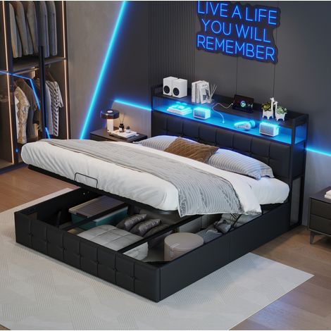 Letto contenitore 160x200 cm nero in ecopelle PU con testiera LED e vani portaoggetti (1/5)