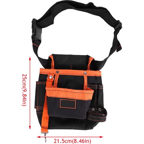 Ceinture à 8 poches pour outils, sacoche réglable portable, pochettes ceinture électricien, noir liseré orange, rangement pratique chantier. (1/3)