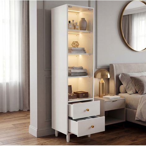 Vitrinenschrank mit LED, Glastüren und 2 Schubladen 165x40x35 cm Weiß OKMYHOME (1/5)