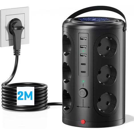 Tour Multiprise avec Interrupteur, Multiprise Parafoudre et Surtension 5 Ports USB et 12 Prises pour Maison, Bureau, Noir,2M Cordon (1/5)