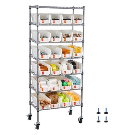 Estantería de Almacenamiento con Ruedas de 7 Niveles, para 24 Contenedores Pequeños de Polipropileno, para Garaje, Almacén, Oficina, Restaurante, Aula y Cocina, 610 x 355 x 1490 mm, Plata (1/5)