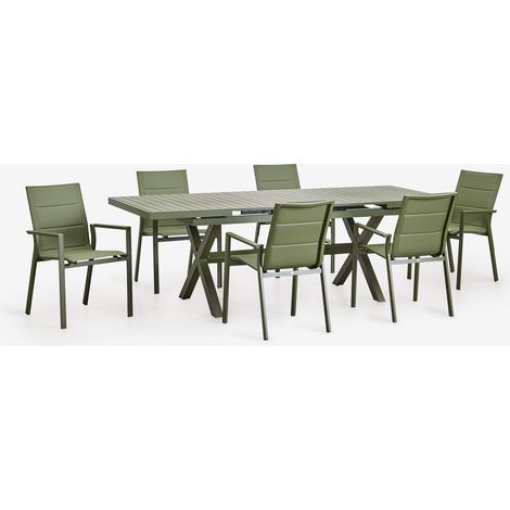 Set de mesa de jardín extensible rectangular 180-240x90 cm y 6 sillas de jardín apilables con reposabrazos en aluminio Karena SKLUM