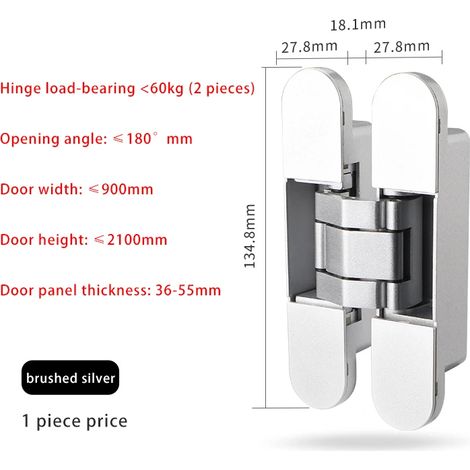 (argent brossé) Charnière invisible tridimensionnelle réglable pour porte en bois pliante, charnière en croix invisible à 180 degrés (1/5)