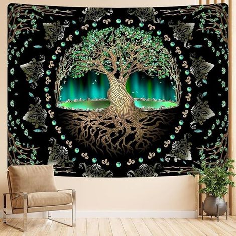 Tapisserie naturelle d'arbre de vie de style aurore, tapisserie de méditation à feuilles vertes, adaptée à la décoration de la maison, de la chambre à coucher, du salon, du dortoir (1/5)