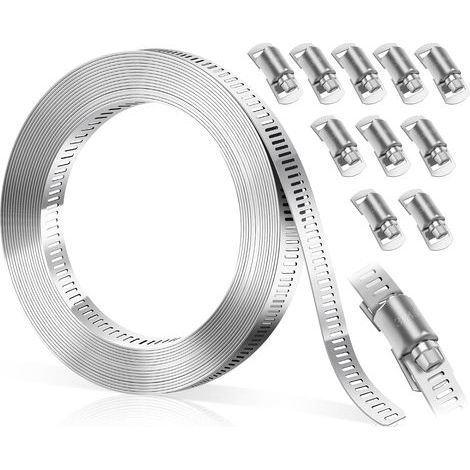 3 Mètres Collier de Serrage Inox DIY, Collier De Serrage Métallique Réglables avec 10 Pièces Attache, pour Tuyaux, Gaz, Voiture, Jardin Argenté (1/5)