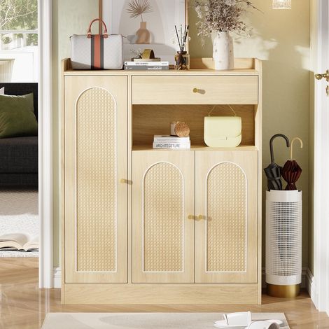 Schuhschrank aus Rattan – Flur-Aufbewahrungsschrank mit 3 Türen und 1 Schublade – verstellbare Einlegeböden – 90 x 35 x 110 cm – Naturholz im Boho-Stil