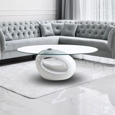 Tavolino da salotto con piano in vetro ovale e struttura bianco lucido 115x65x40 Miranda (1/5)