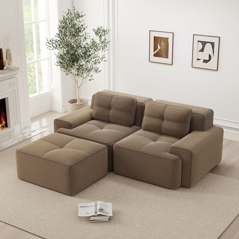 Canapé modulaire 2 places avec repose-pieds - Forme en L, dossier moelleux, tissu velours côtelé, Design moderne - Marron (1/5)