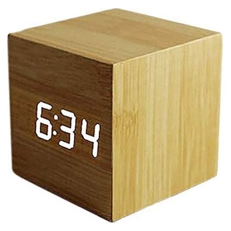 Intelligenter digitaler Wecker mit Sensor, Mini-Holzwecker mit LED-Beleuchtung zur Anzeige von Uhrzeit, Datum, Temperatur und Reiseinformationen (gelb).