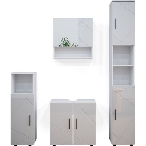 Set mobili bagno Irma, Bianco lucido, 4 parti, con armadio alto, Vicco