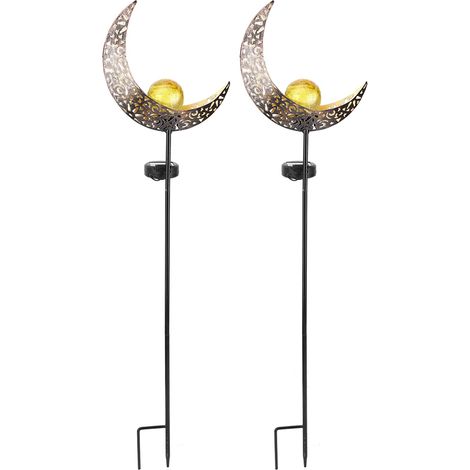 Lot de 2 lampes solaires pilier en verre cristal blanc chaud, en forme de lune, pour jardin ou cour. Lampe décorative ajourée en fer pour pelouse. (1/5)