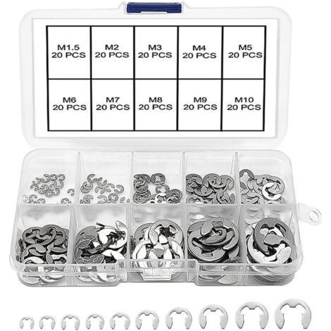 200pcs Stainless Steel External Retaining Ring Kit 10 Sizes M1.5/2/3/4/5/6/7/8/9/10 with Plastic Box (1/5)