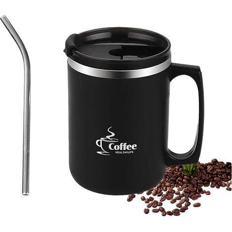 Tasse à café 15 OZ avec poignée,Tasse de voyage à double paroi sous vide,Tasse à café avec couvercle et paille,Tasse en acier inoxydable réutilisable,pour la maison,le bureau,le camping(noir) (1/5)