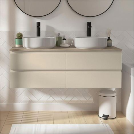 Mueble de baño mural doble SORRENTO de 120cm con encimera efecto madera