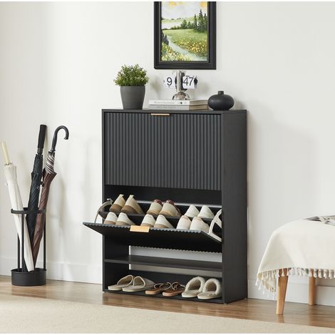Meuble à chaussures 80x24x102 cm en MDF noir, gain de place avec rangement pour entrée FloraGrace (1/5)