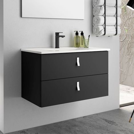 Meuble de salle de bains suspendue 80 cm noire avec 2 tiroirs et lavabo inclus - Vitty (1/4)