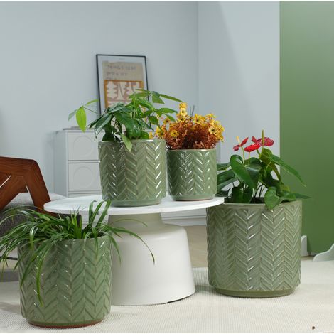 Vaso per piante in ceramica Ø31,6 cm verde salvia lucido con rilievo a chevron (1/5)