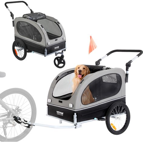 VEVOR Remorque de Velo Chien Pliable Charge 40 kg Poussette deAnimaux de Compagnie 2en1 Cadre Facile a Plier avec Roues a Degagement Rapide, Coupleur de Velo Universel, Reflecteurs, Drapeau, Noir/Gris