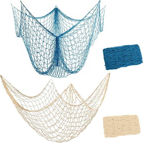 2 Filet de pêche, 100x100cm, Nylon beige et bleu, Décoration murale marine, Intérieur et extérieur (1/5)