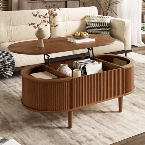 Ovale Couchtisch mit Hubplatte und Stauraum, Wellenmuster, MDF, Kiefernholzfüße, Nussbaum (1/5)