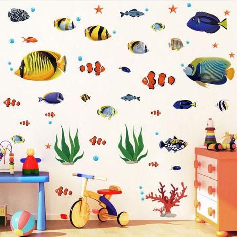 Stickers Muraux Poissons Tropicaux Sous la Mer - Poissons de Bande Dessinée Imperméables, Chambre d'Enfant, Décoration Murale (1/4)