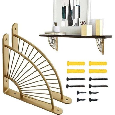 Staffa angolare in metallo per mensola - Set da 2 pezzi - Oro - A forma di ventaglio - Decorazione per soggiorno - Facile installazione (1/4)
