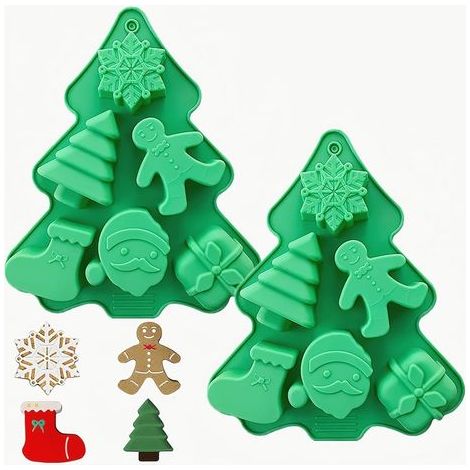 Stampo in silicone antiaderente per dolci natalizi - Fudge - Biscotti - Cubetti di ghiaccio - Candeline e gelatine (Set da 2 - Verde) (1/5)