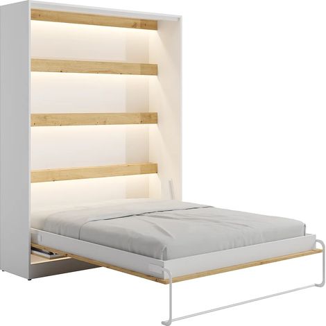 Lit escamotable 140 x 200 cm - Avec bureau pliable - Ouverture verticale manuelle - Avec LEDs - Blanc et naturel - RAPILI (1/5)